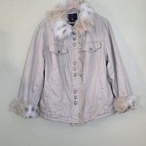 Vtg Faded Glory Trucker Jacket Women 1X Sand Faux Fur Pockets Quilted Lining Y2K
